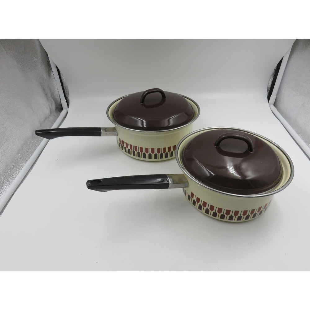 Vintage Moneta Italy Enamel Saucepan Set 2pc Cream Brown Tulip MCM Cookware